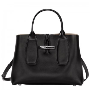 Bolsa de Mano long champ Le Roseau M Leather Mujer Negras | COBE7252