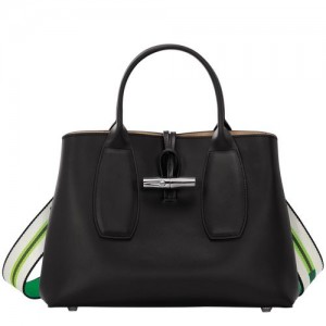 Bolsa de Mano long champ Le Roseau M Leather Mujer Negras | COJP7368