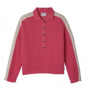 Suéter long champ Polo collar Knit Mujer Rosas | COMQ8607