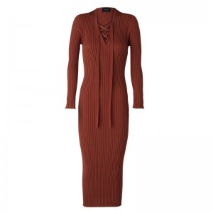 Vestido long champ Fitted long Knit Mujer Chestnut | COLI8614