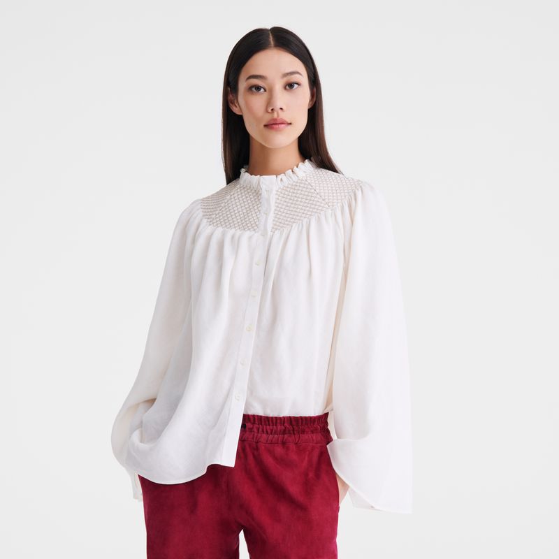 Blusa long champ Blouse Smocked veil Mujer Ecru | COYX8690