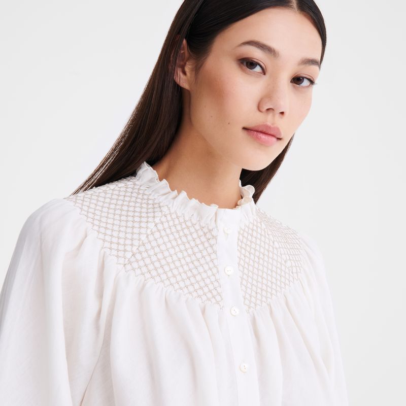 Blusa long champ Blouse Smocked veil Mujer Ecru | COYX8690