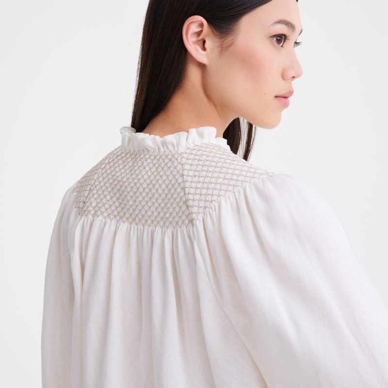 Blusa long champ Blouse Smocked veil Mujer Ecru | COYX8690