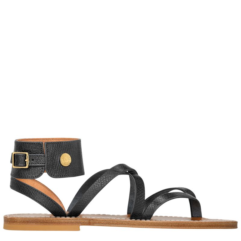 Sandalias long champ Leather Mujer Negras | COIL8744