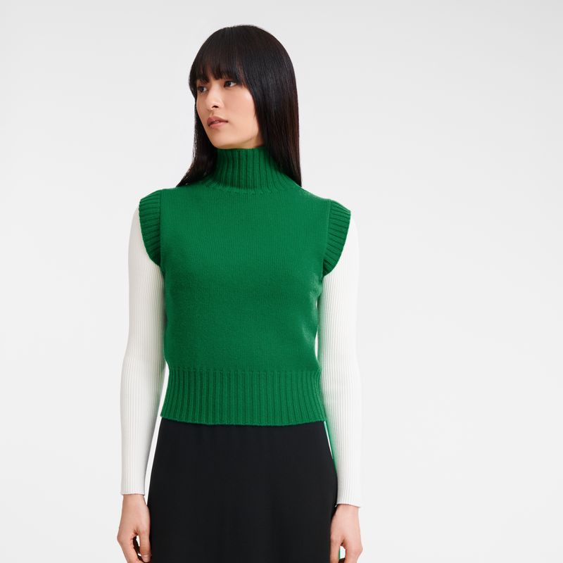 Suéter long champ High collar no sleeve Knit Mujer Verde | CONW8605