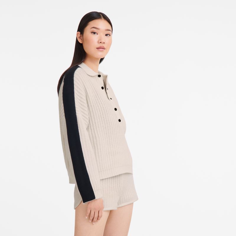 Suéter long champ Polo collar Knit Mujer Ecru | COYX8679