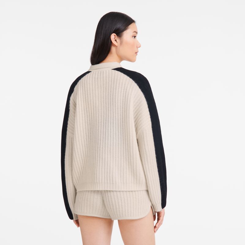 Suéter long champ Polo collar Knit Mujer Ecru | COYX8679