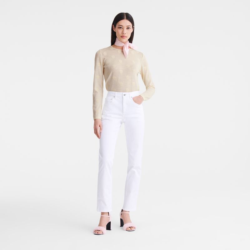 Suéter long champ Round neck Embroidered knit Mujer Ecru | COMQ8659