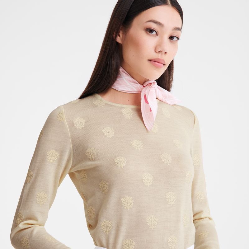 Suéter long champ Round neck Embroidered knit Mujer Ecru | COMQ8659